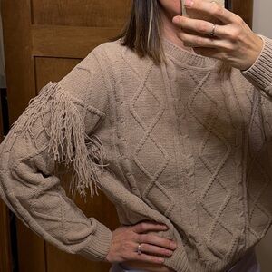 Fringe Sleeve Cable Knit Sweater - Tan